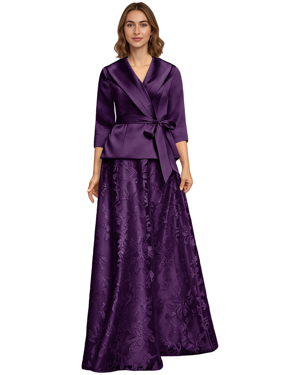 Two Piece Mother of the Bride Dress Satin Wrap Top Embroidered Long Skirt Formal Set