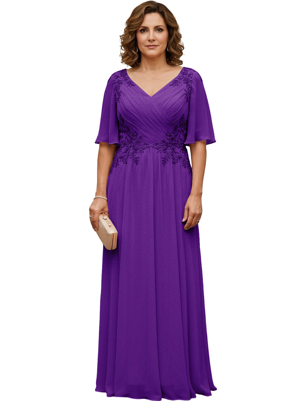 Mother of the Bride Dress Long Chiffon A-Line Gown with Flutter Sleeves and Beaded Lace