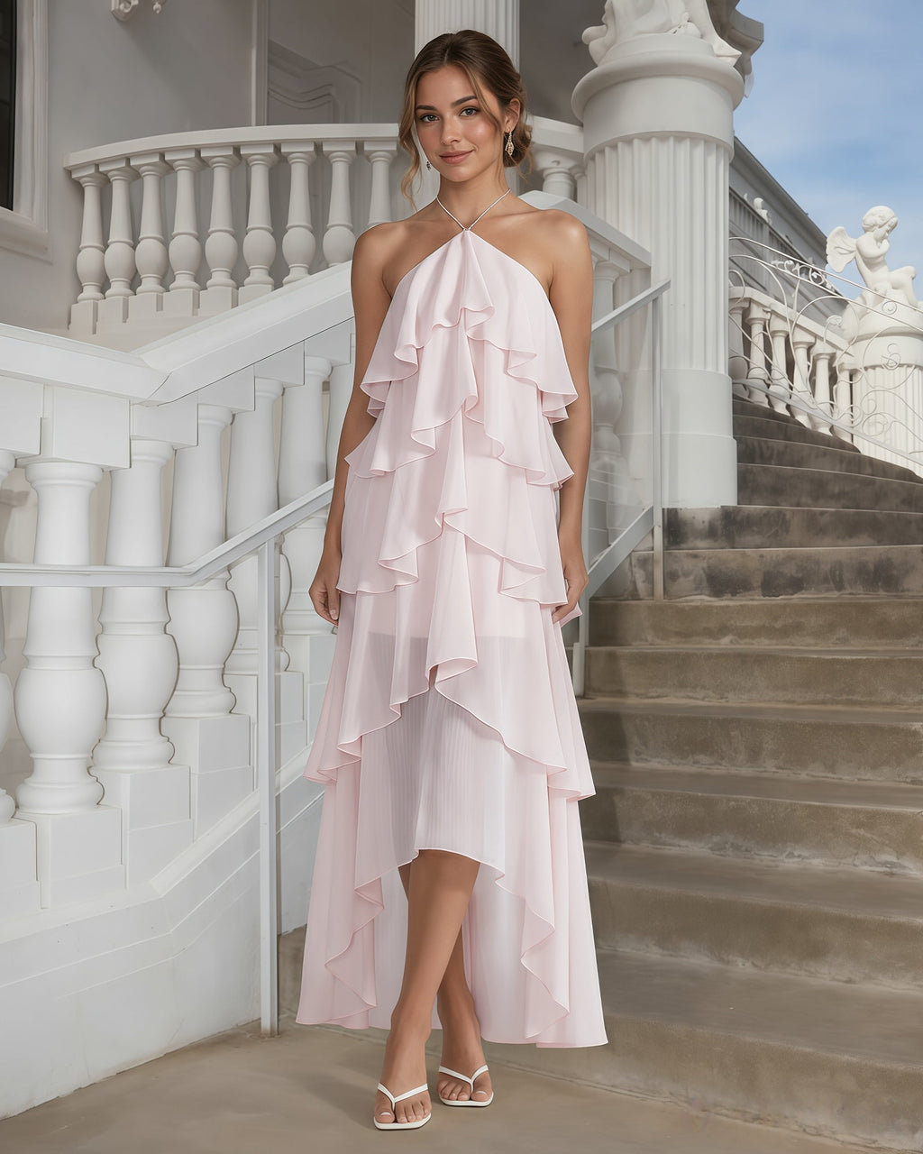 One-Shoulder Tiered Ruffle High-Low Chiffon Formal Dress