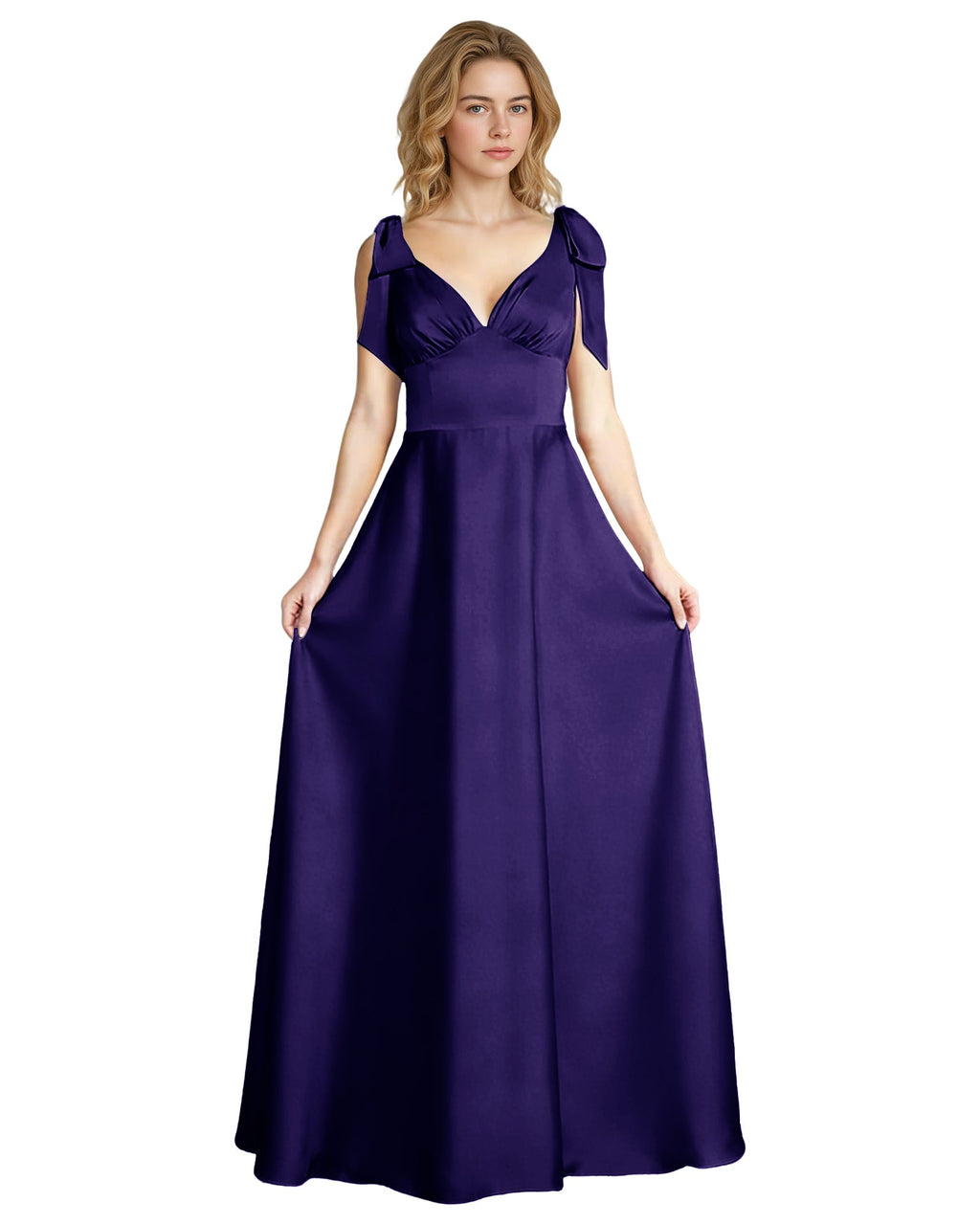 V-Neck Bow Strap Satin Bridesmaid Dress with Empire Waist