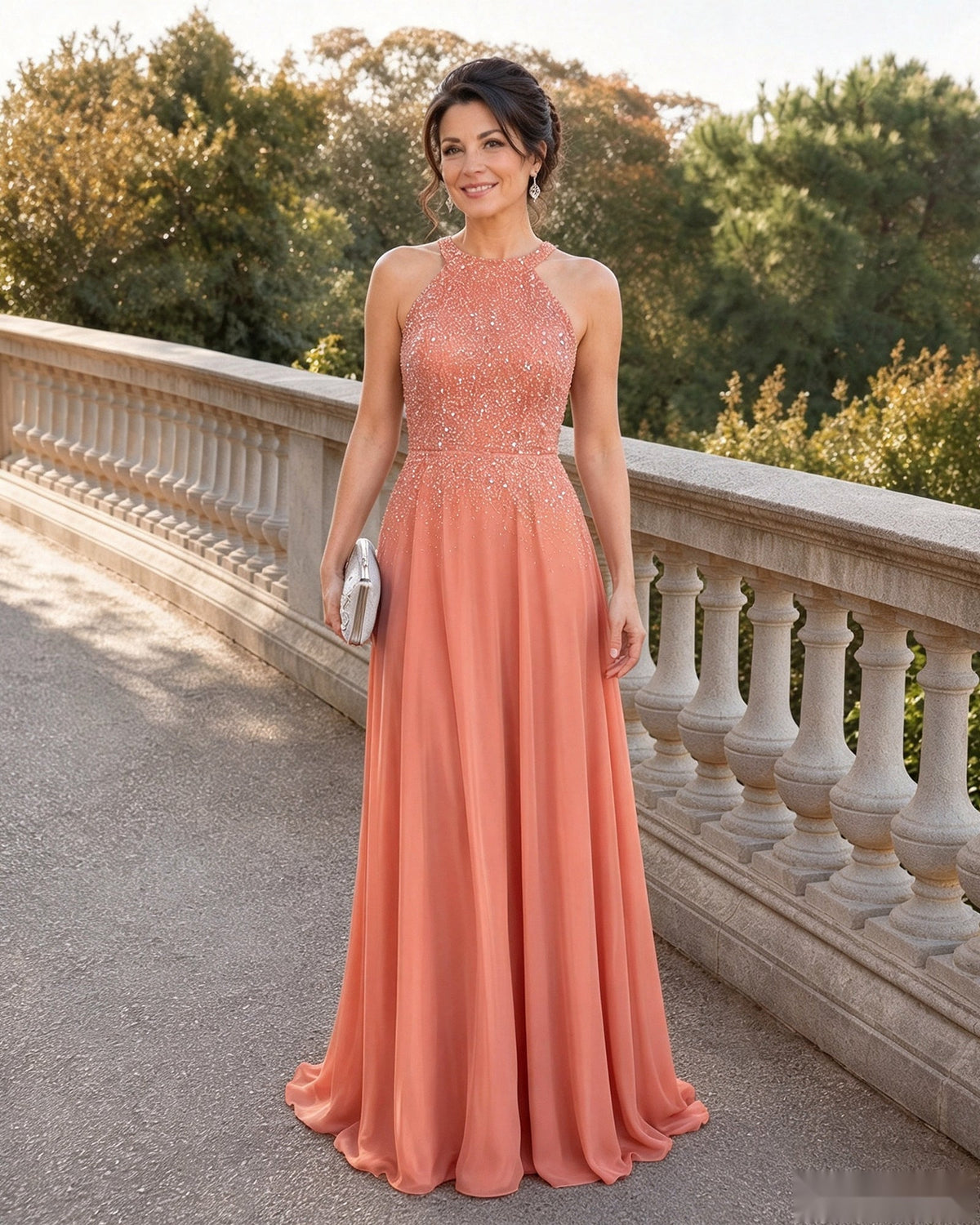 Halter Neck Sequin Chiffon A-Line Mother of the Bride Dress