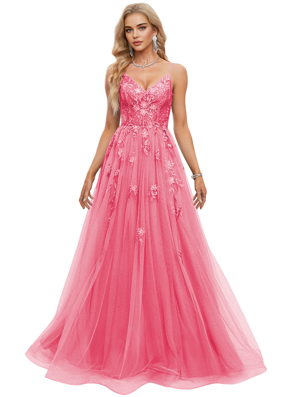 Beaded Bodice Tulle Ball Gown Prom Dress with Spaghetti Straps