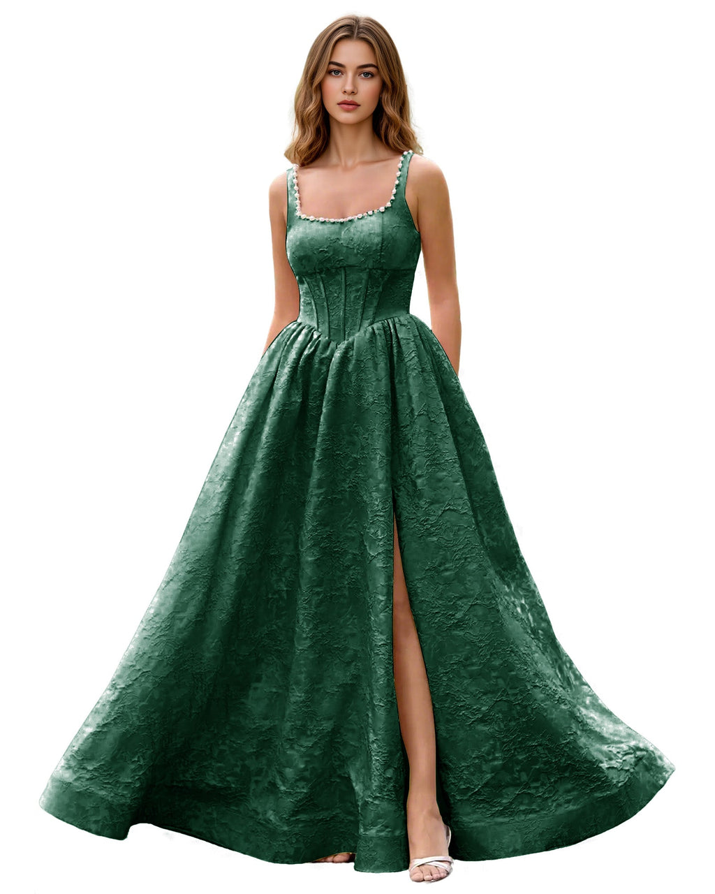 Square Neck Jacquard Ball Gown Prom Dress with Wide Straps and Pockets