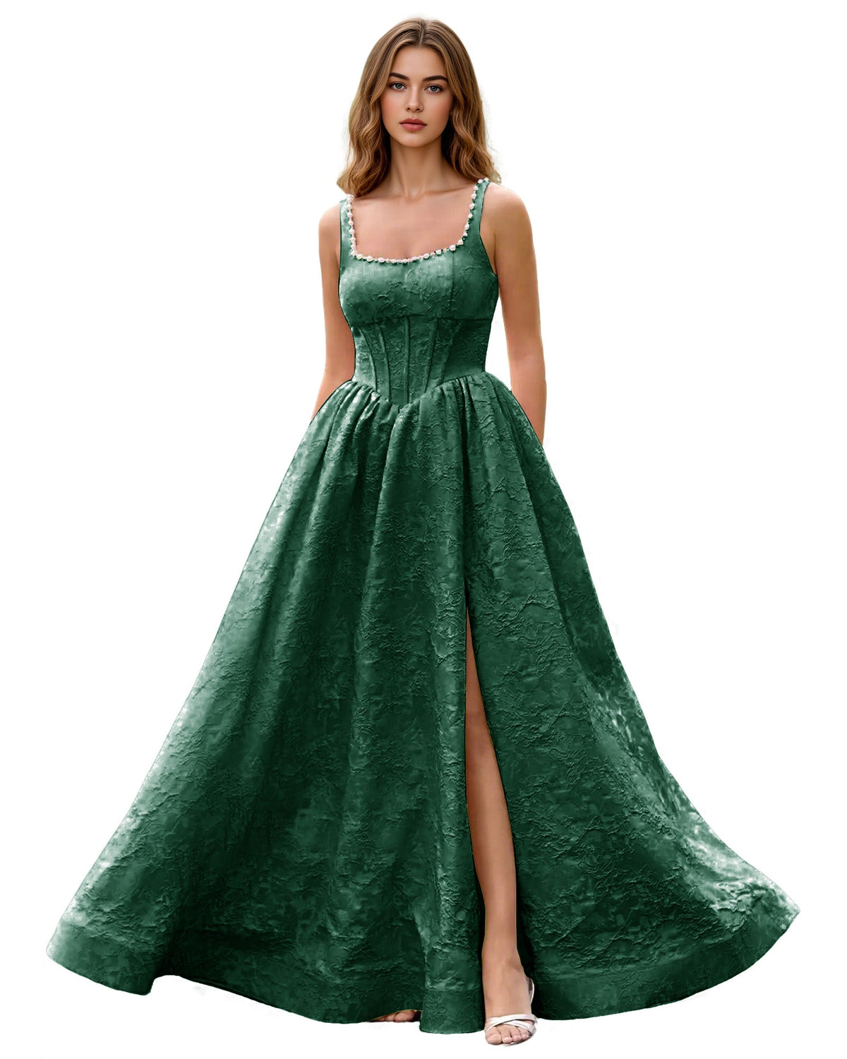 Square Neck Jacquard Ball Gown Prom Dress with Wide Straps and Pockets