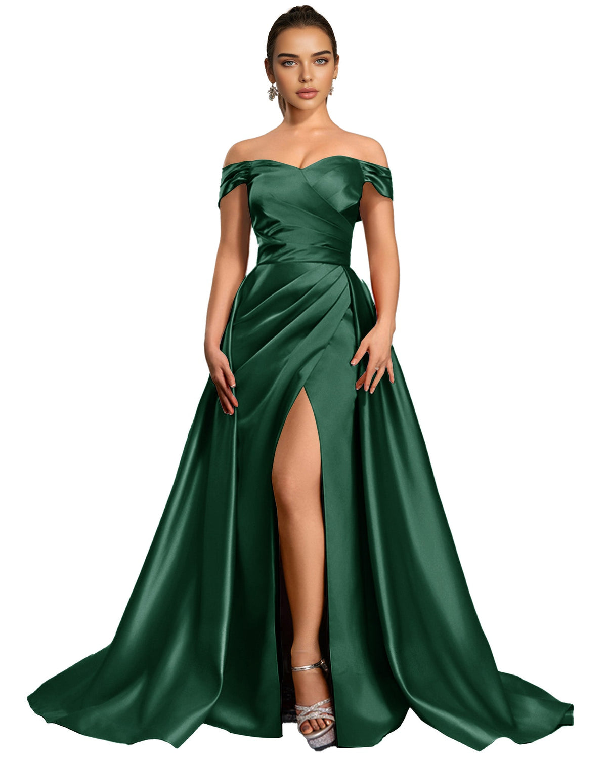 Off Shoulder Satin Ball Gown Prom Dress with Draped Bodice and Slit