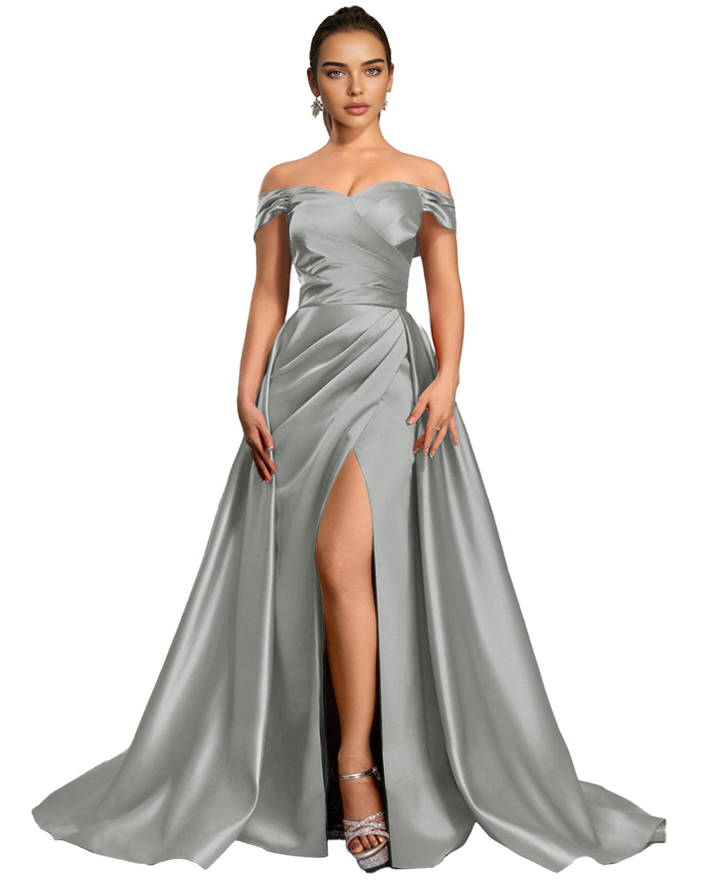 Off Shoulder Satin Ball Gown Prom Dress with Draped Bodice and Slit