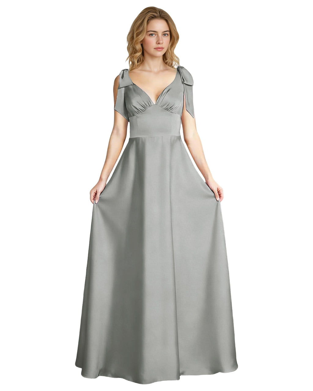 V-Neck Bow Strap Satin Bridesmaid Dress with Empire Waist