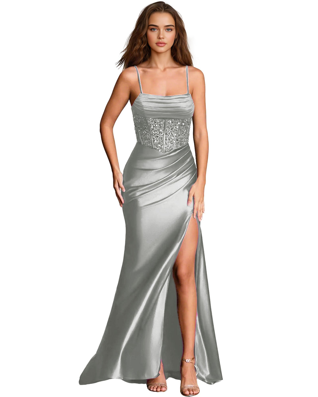 Square Neck Satin Sheath Prom Dress with Spaghetti Straps and Side Slit