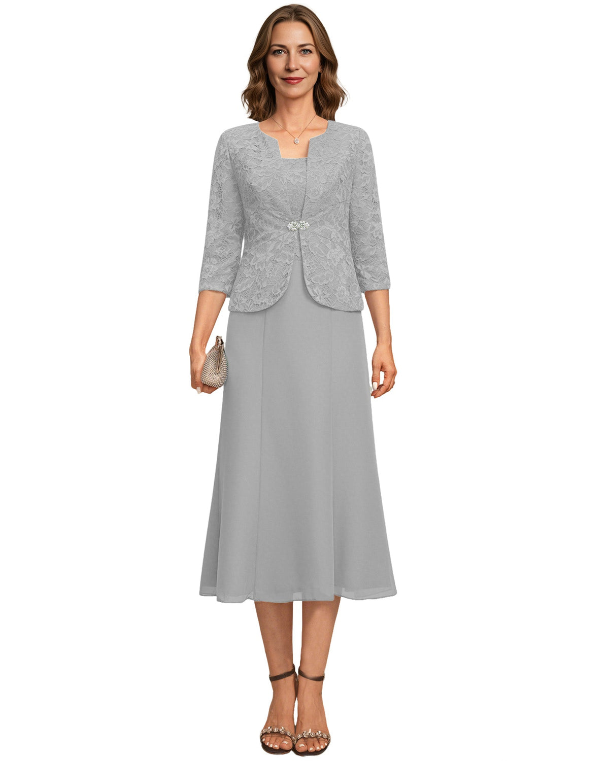 Tea Length Mother of the Bride Dress Lace Jacket Chiffon A-Line Wedding Guest Outfit