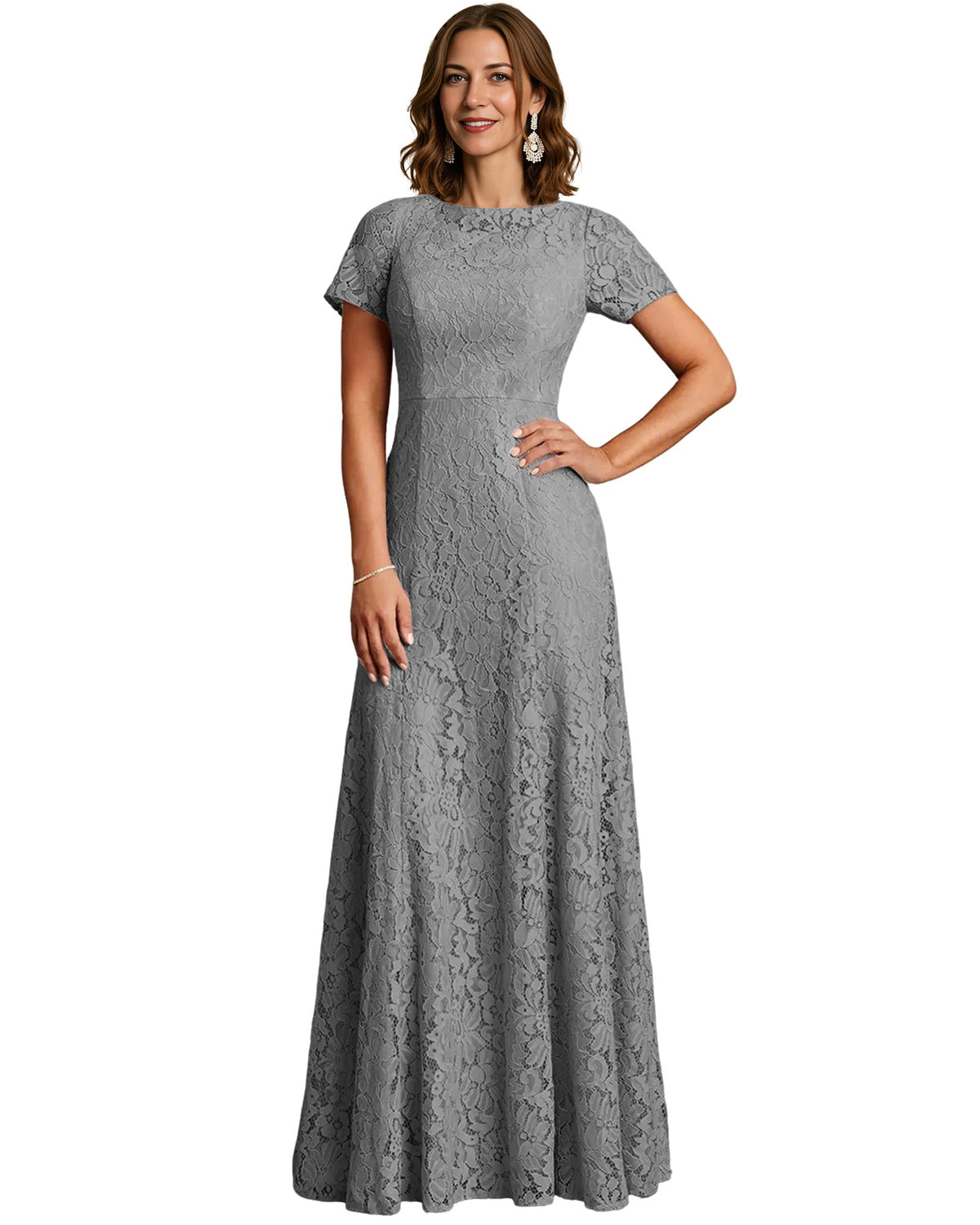 Long Lace Mother of the Bride Dress Short Sleeve Mermaid Gown with Crew Neckline