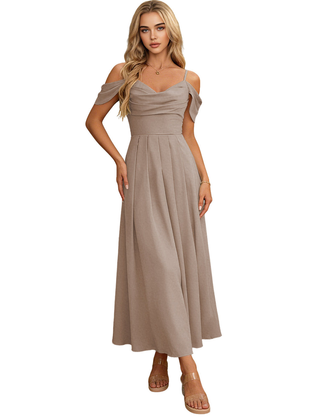 Off Shoulder Midi Bridesmaid Dress with Pleated Bodice and Flowing dress