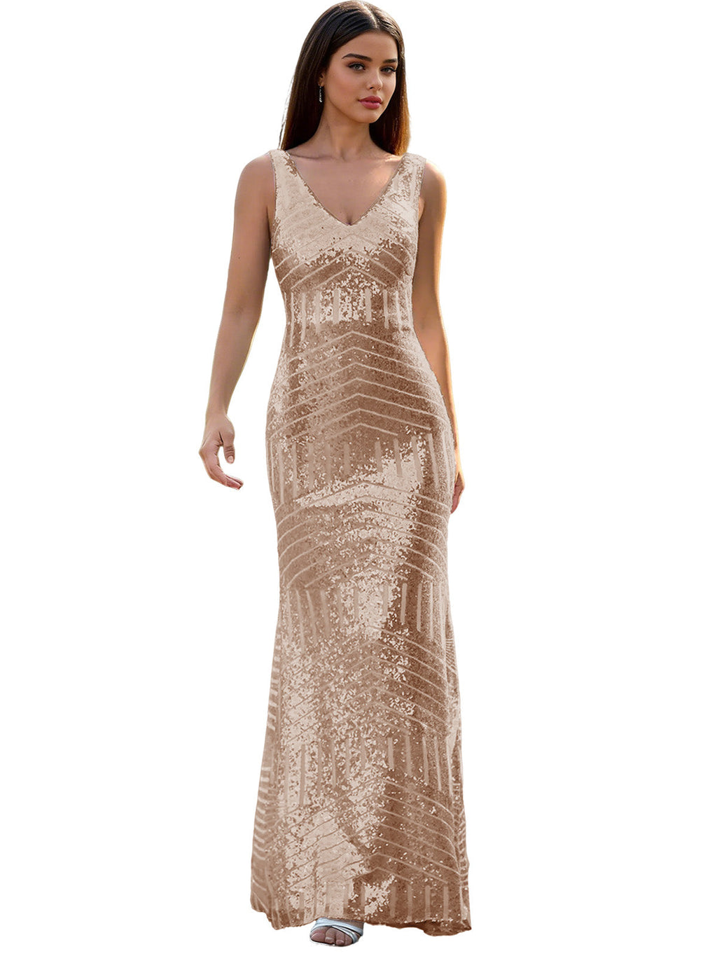 V-Neck Sequin Column Prom Dress with Beaded Waist and Low Back