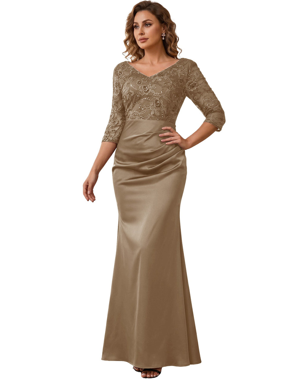 Mother of the Bride Dress Long Lace Mermaid Formal Gown with 3/4 Sleeves