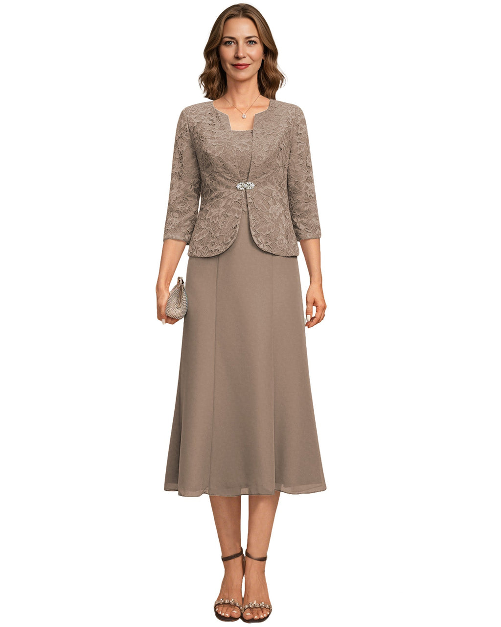 Tea Length Mother of the Bride Dress Lace Jacket Chiffon A-Line Wedding Guest Outfit