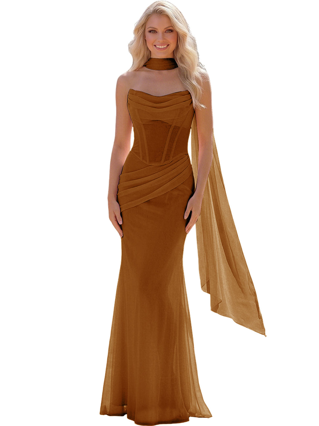 Strapless Chiffon Bridesmaid Gown with Sheer Boned Bodice, Ruched Waist and Scarf