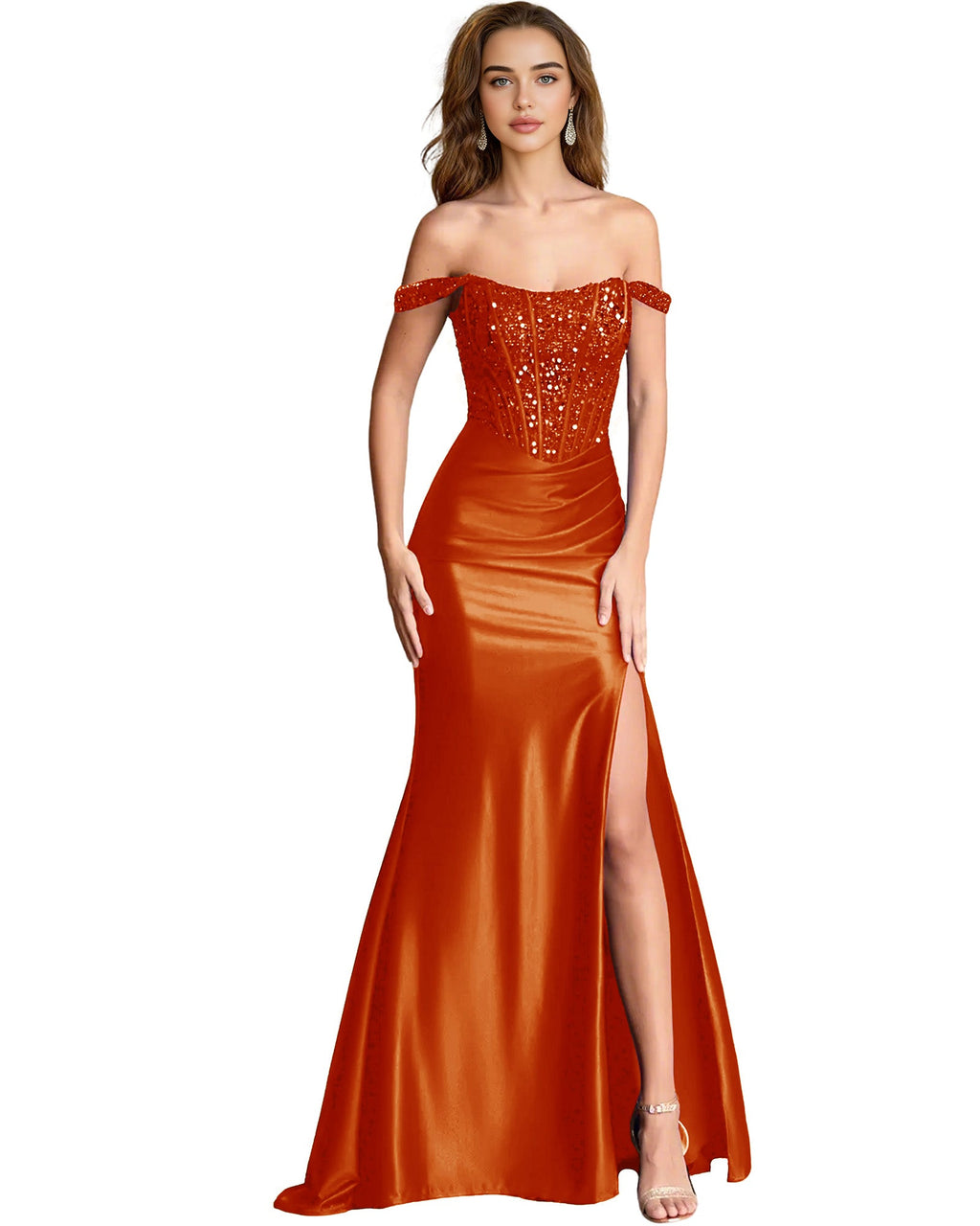Off Shoulder Sequin Satin Mermaid Dress with Draped dress Slit
