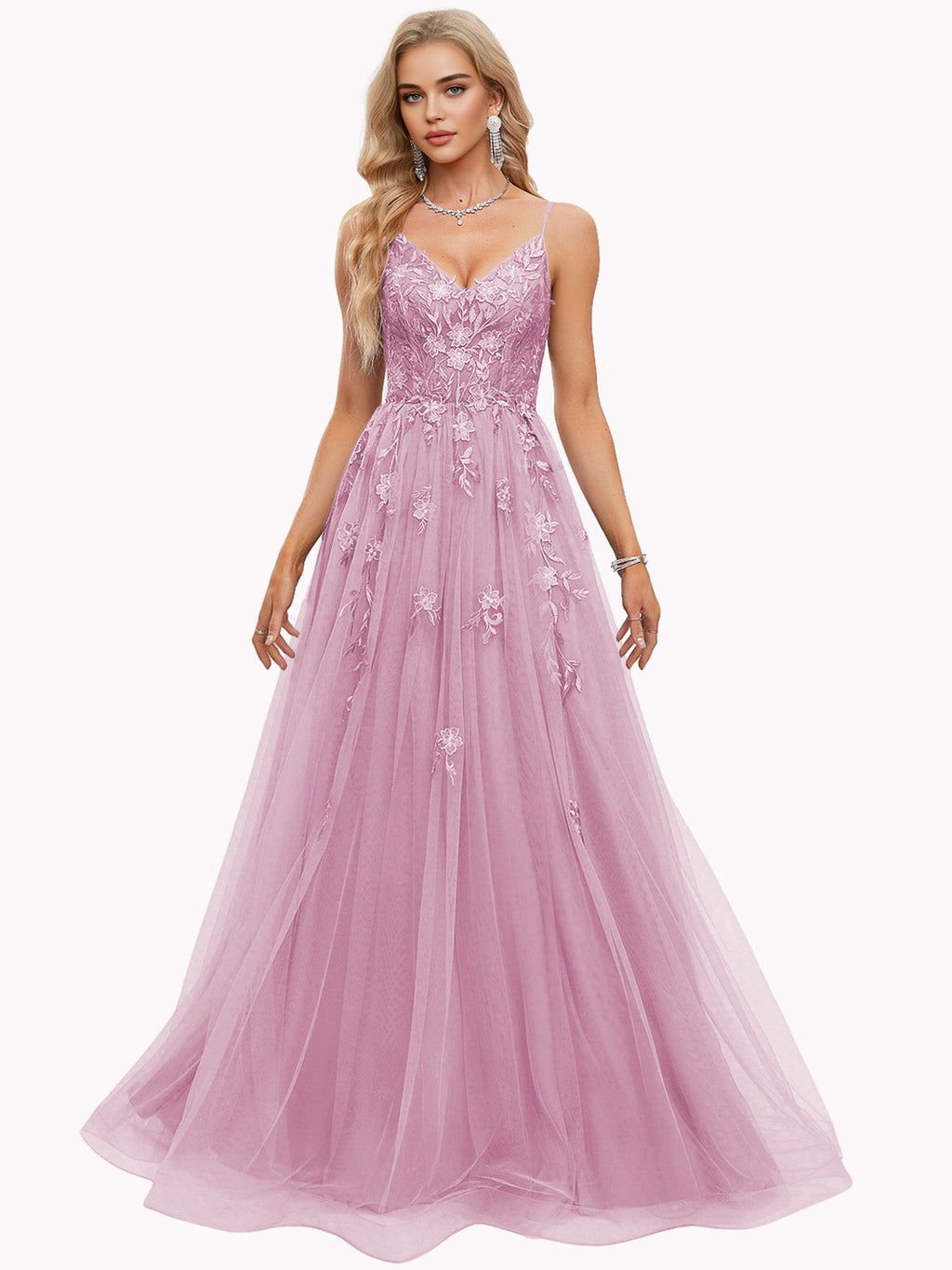 Beaded Bodice Tulle Ball Gown Prom Dress with Spaghetti Straps