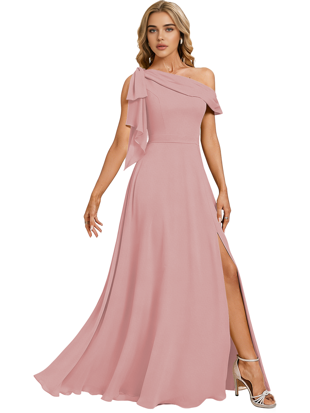 Asymmetric Off Shoulder Bridesmaid Dress with Draped Sleeve and Slit