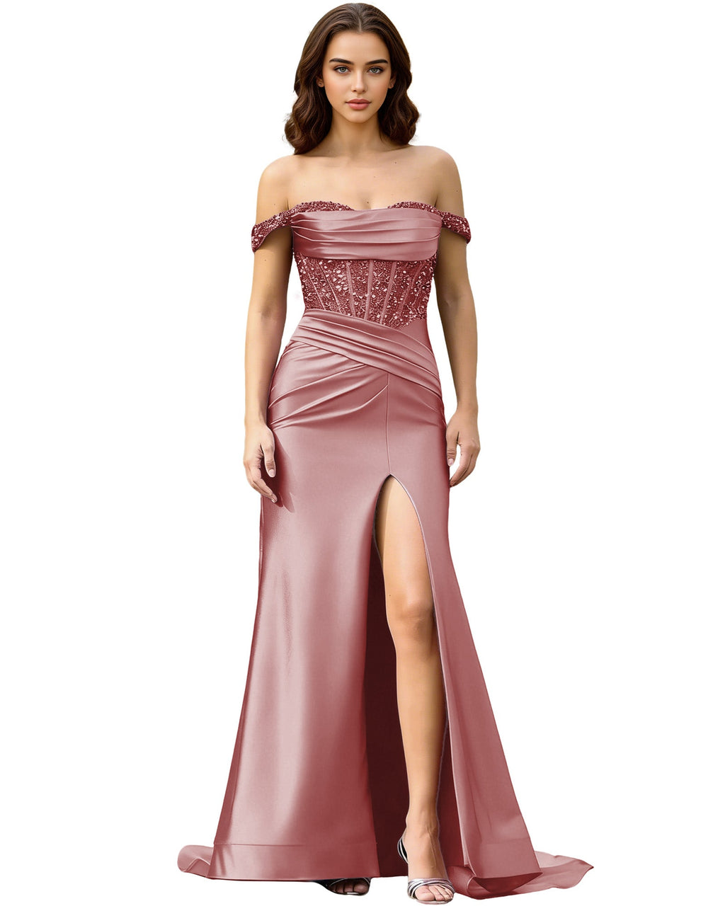 Off Shoulder Ruched Satin Prom Dress with Basque Waist and Front Slit