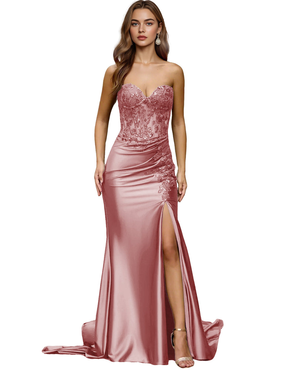 Strapless Emerald Satin Mermaid Prom Dress with Beaded Bodice and Slit