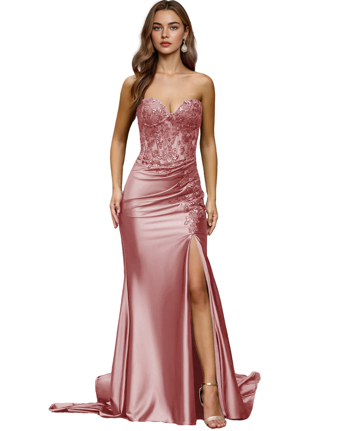 Strapless Emerald Satin Mermaid Prom Dress with Beaded Bodice and Slit