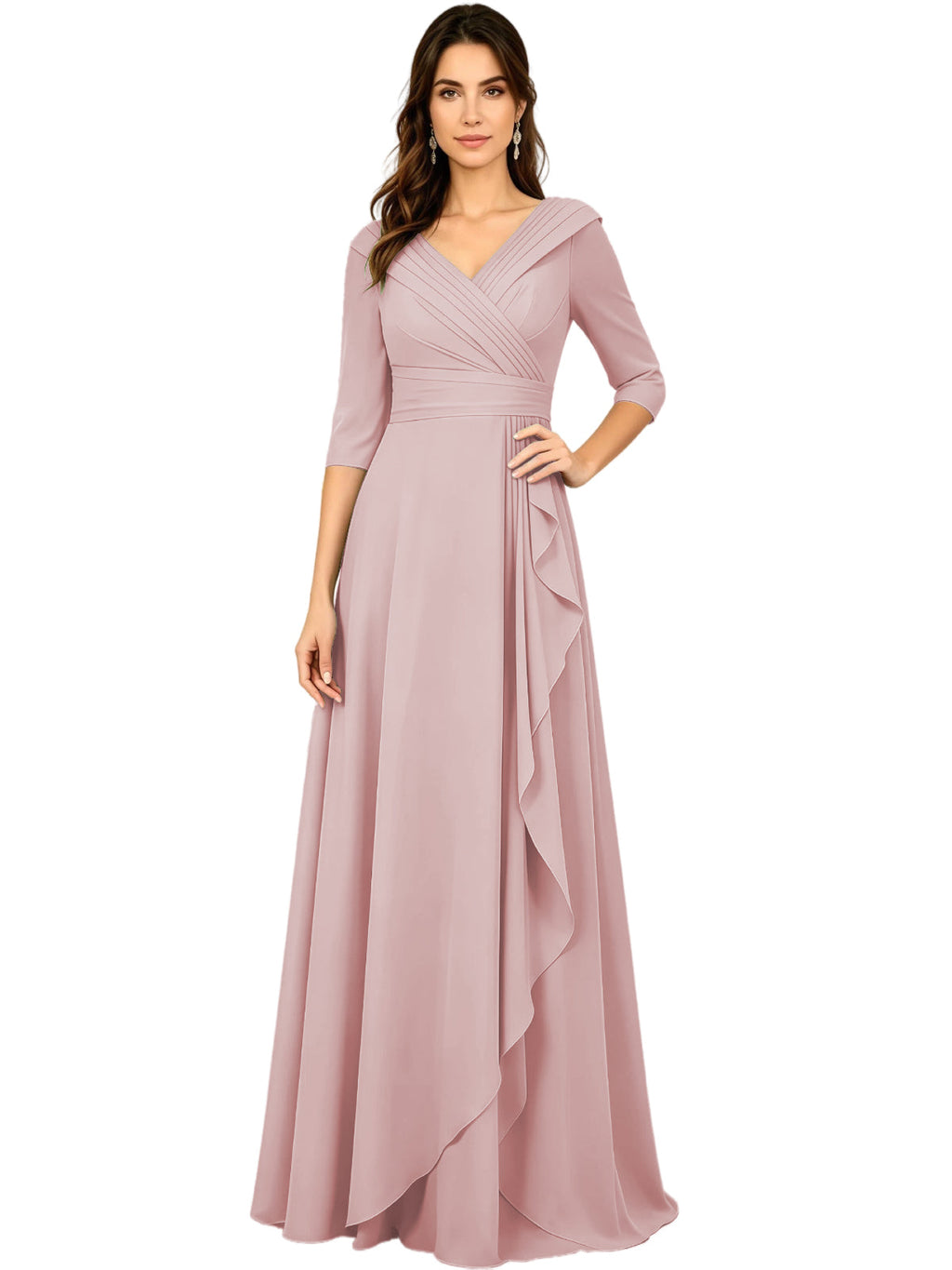 Long V-Neck Mother of the Bride Dress Chiffon Half Sleeve A-Line Gown with Side Ruffle