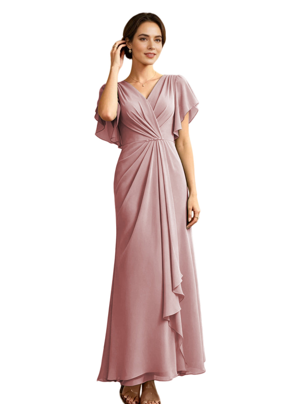 Long Chiffon Mother of the Bride Dress V-Neck Flutter Sleeve A-Line Gown with Beaded Waist