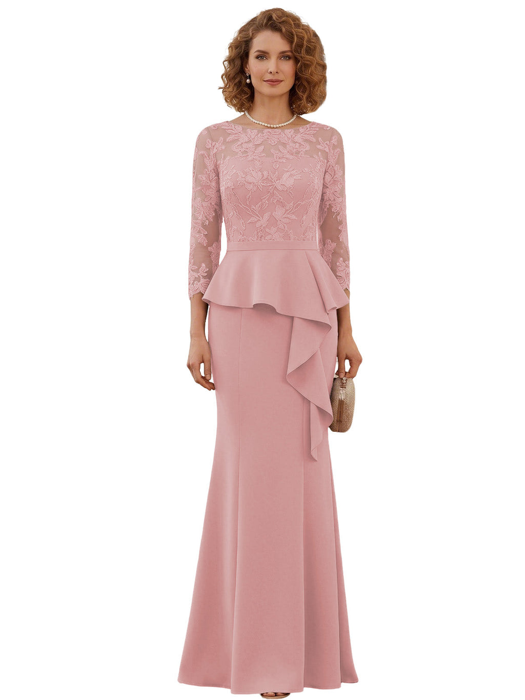 Long Mother of the Bride Dress Lace Illusion Bodice Peplum Mermaid Formal Evening Gown