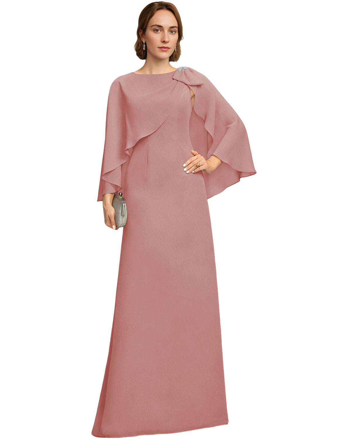 Long Cape Sleeve Mother of the Bride Dress Jewel Neck Chiffon Column Gown with Bow Detail