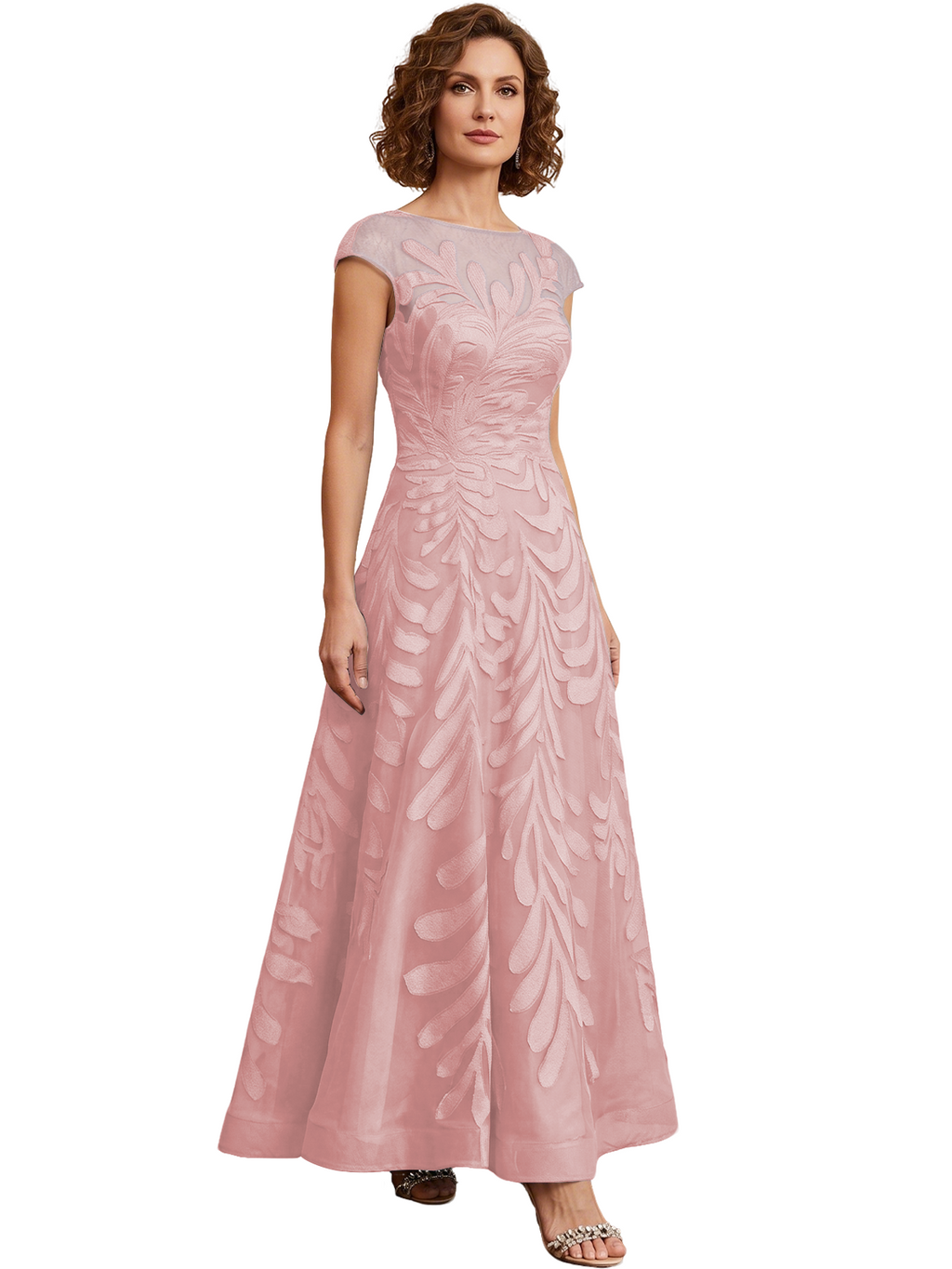 Embroidered Tulle Mother of the Bride Dress Long A-Line Gown with Illusion Cap Sleeves
