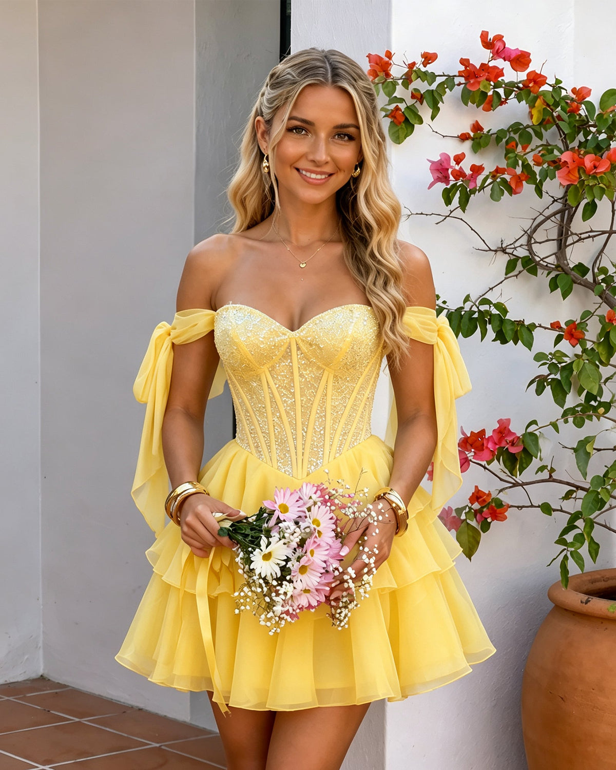 Off-Shoulder Lace Corset Tiered Tulle Homecoming Dress