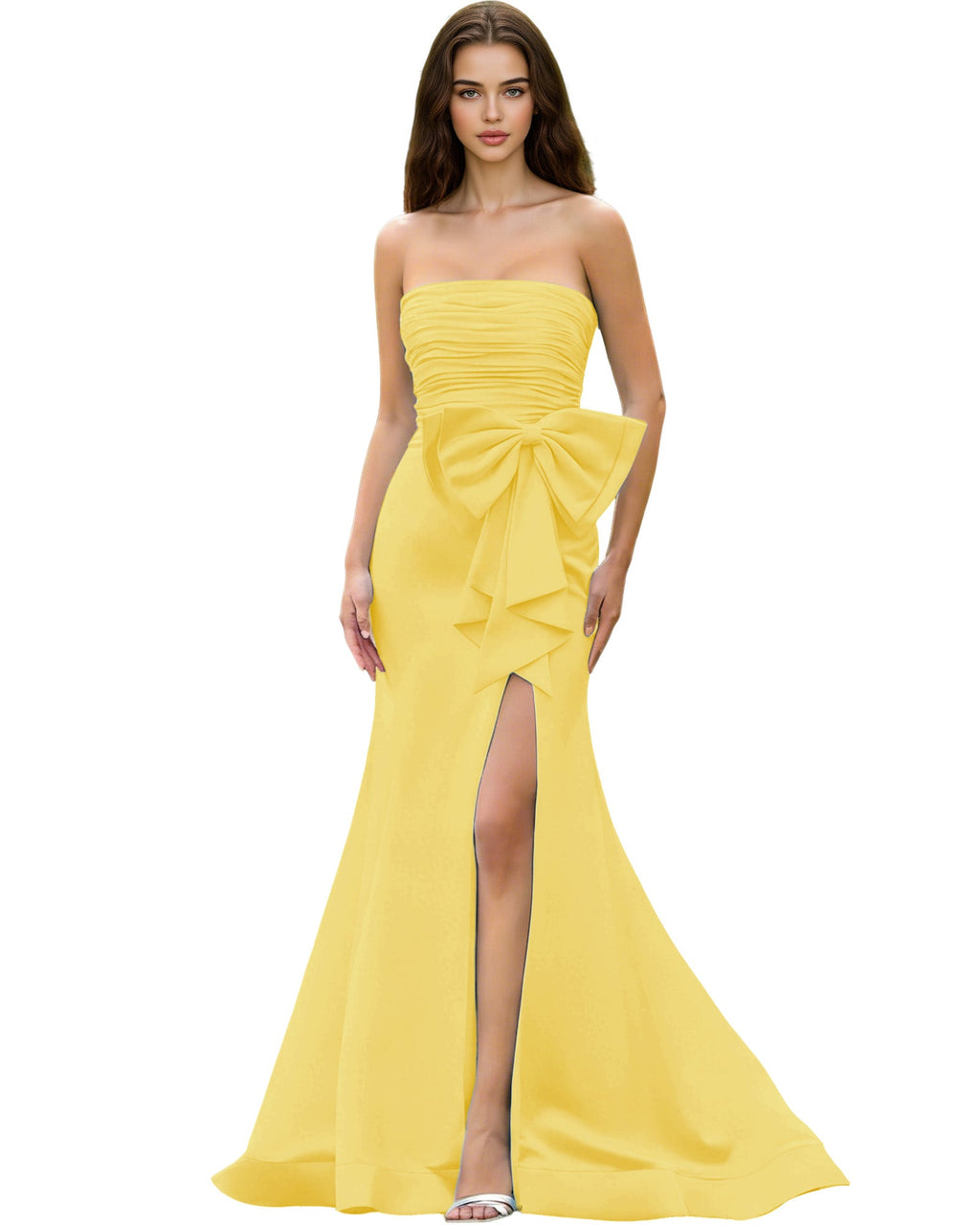 Strapless Bow Detail Satin Prom Dress with Ruched Bodice and Slit