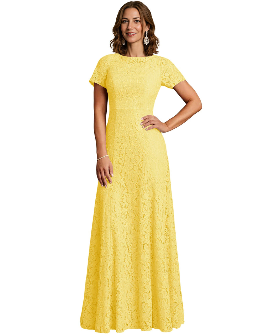 Long Lace Mother of the Bride Dress Short Sleeve Mermaid Gown with Crew Neckline