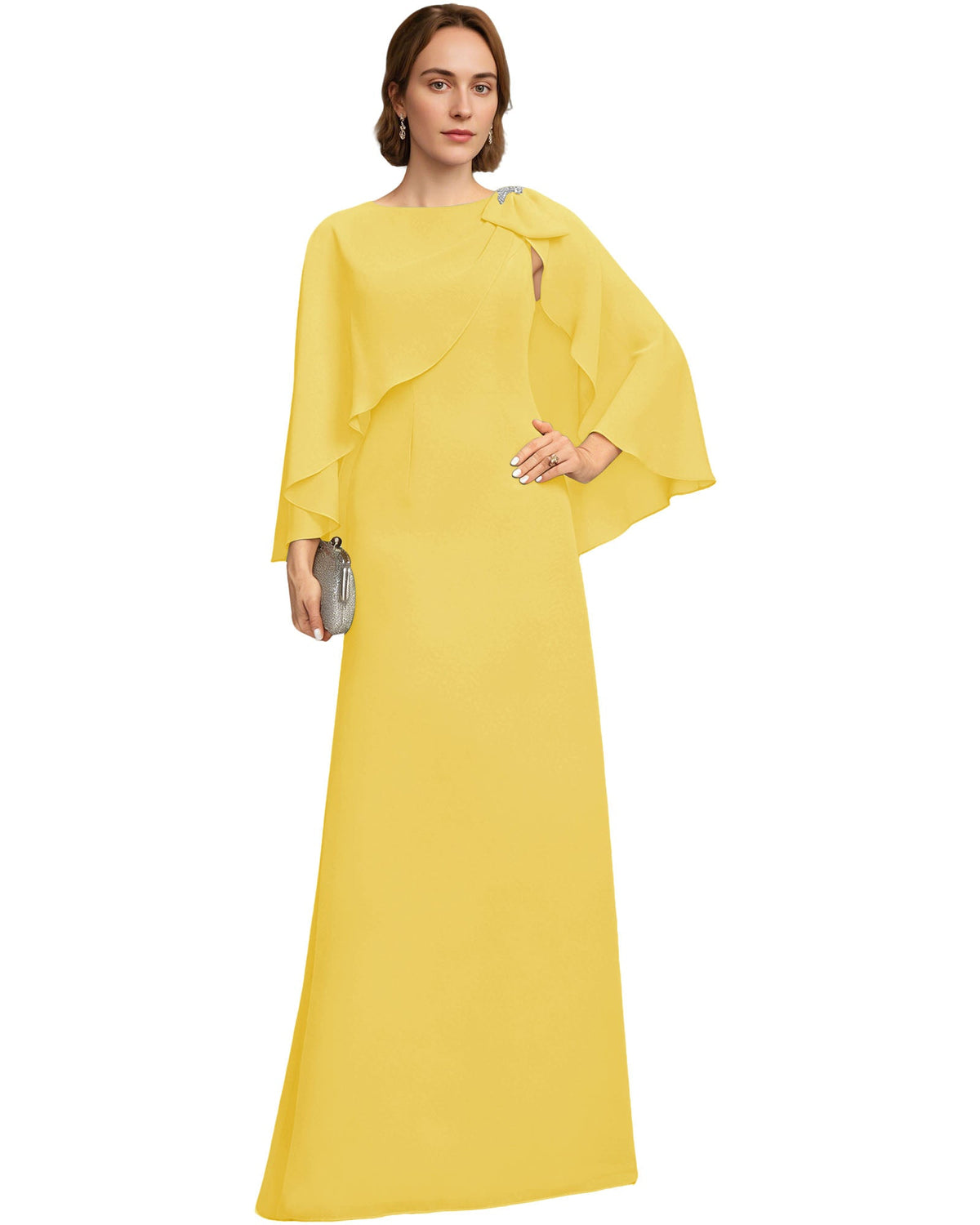 Long Cape Sleeve Mother of the Bride Dress Jewel Neck Chiffon Column Gown with Bow Detail