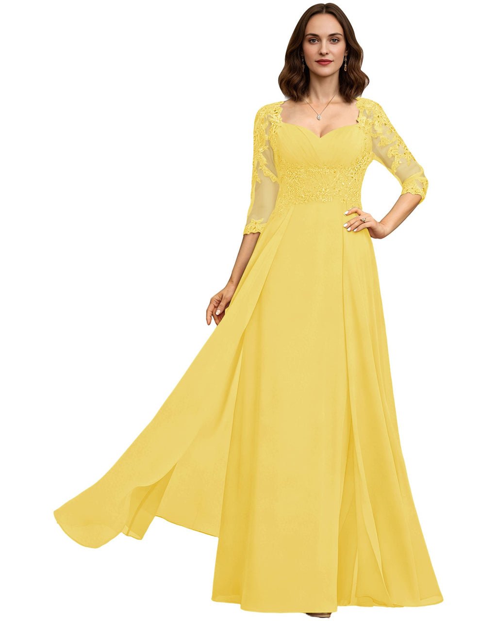 Long Sweetheart Mother of the Bride Dress Lace 3/4 Sleeve Chiffon A-Line Gown