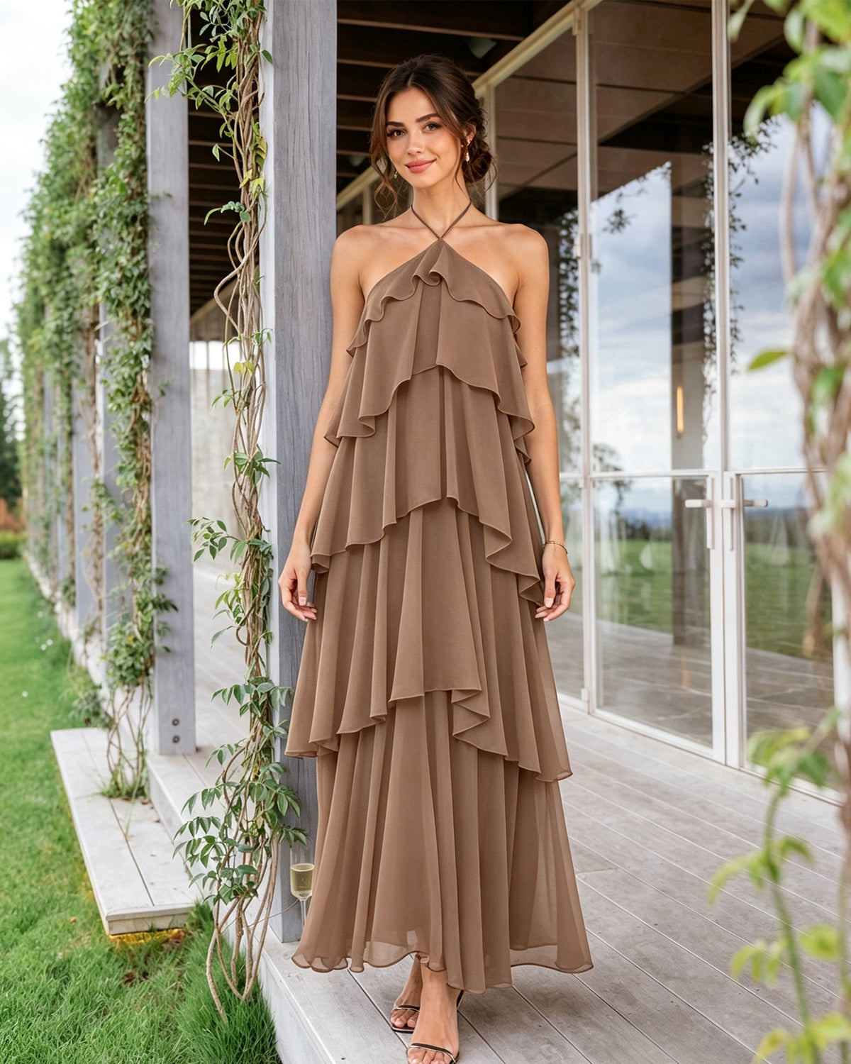 Halter Neck Tiered Chiffon Bridesmaid Dress with Ruffle Overlay