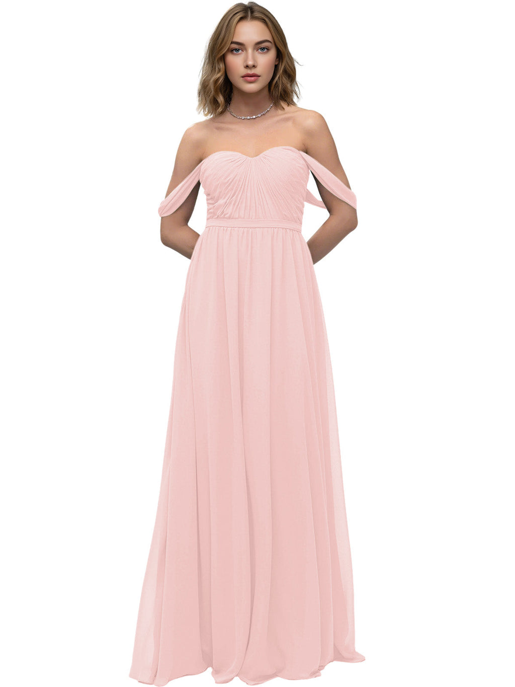 Off Shoulder Sweetheart Chiffon Bridesmaid Dress with Ruched Bodice