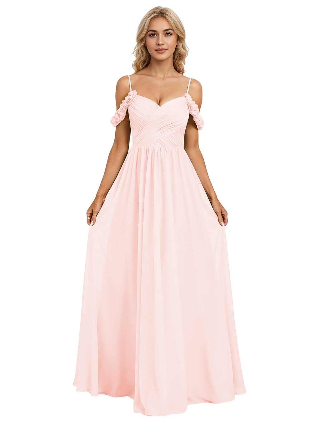 Off Shoulder Lace Applique Bridesmaid Dress with Flowing Chiffon dress
