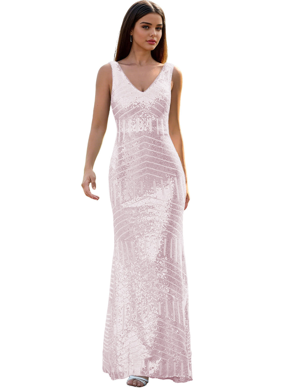V-Neck Sequin Column Prom Dress with Beaded Waist and Low Back