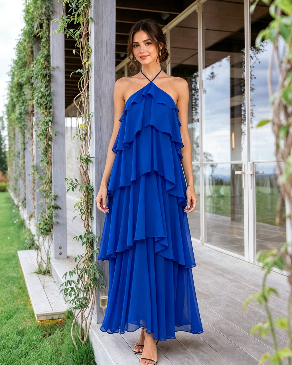 Halter Neck Tiered Chiffon Bridesmaid Dress with Ruffle Overlay