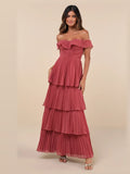 Rusty Rose Pleated Off Shoulder A-Line Maxi Chiffon Formal Dress for Formal Celebration
