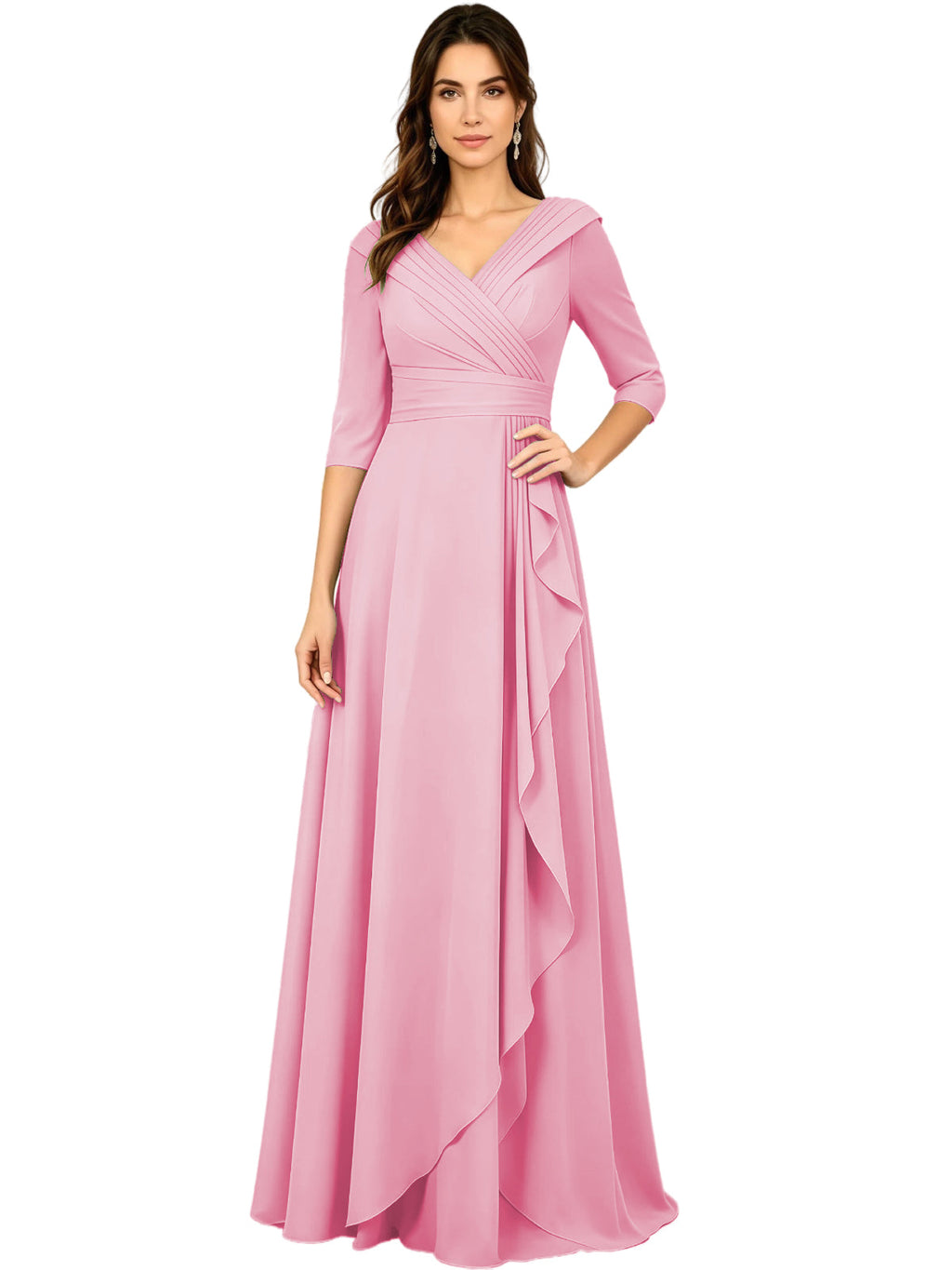 Long V-Neck Mother of the Bride Dress Chiffon Half Sleeve A-Line Gown with Side Ruffle