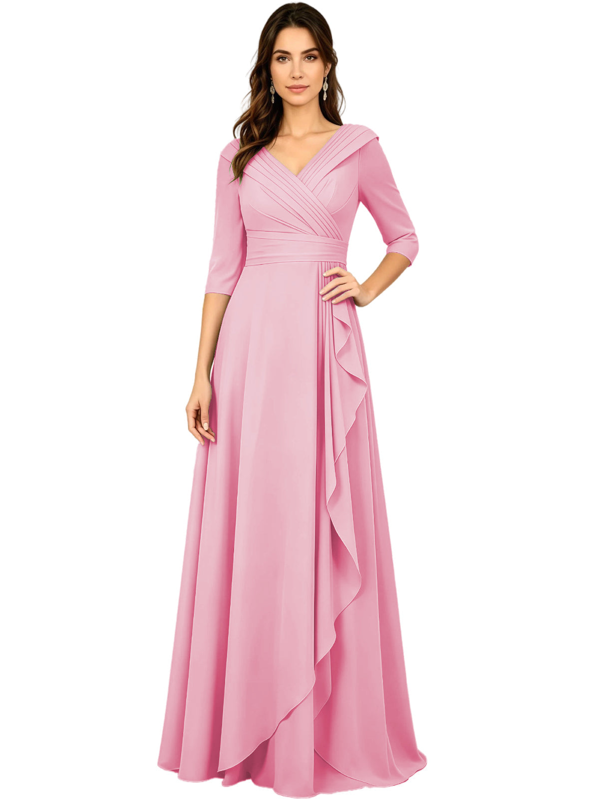 Long V-Neck Mother of the Bride Dress Chiffon Half Sleeve A-Line Gown with Side Ruffle