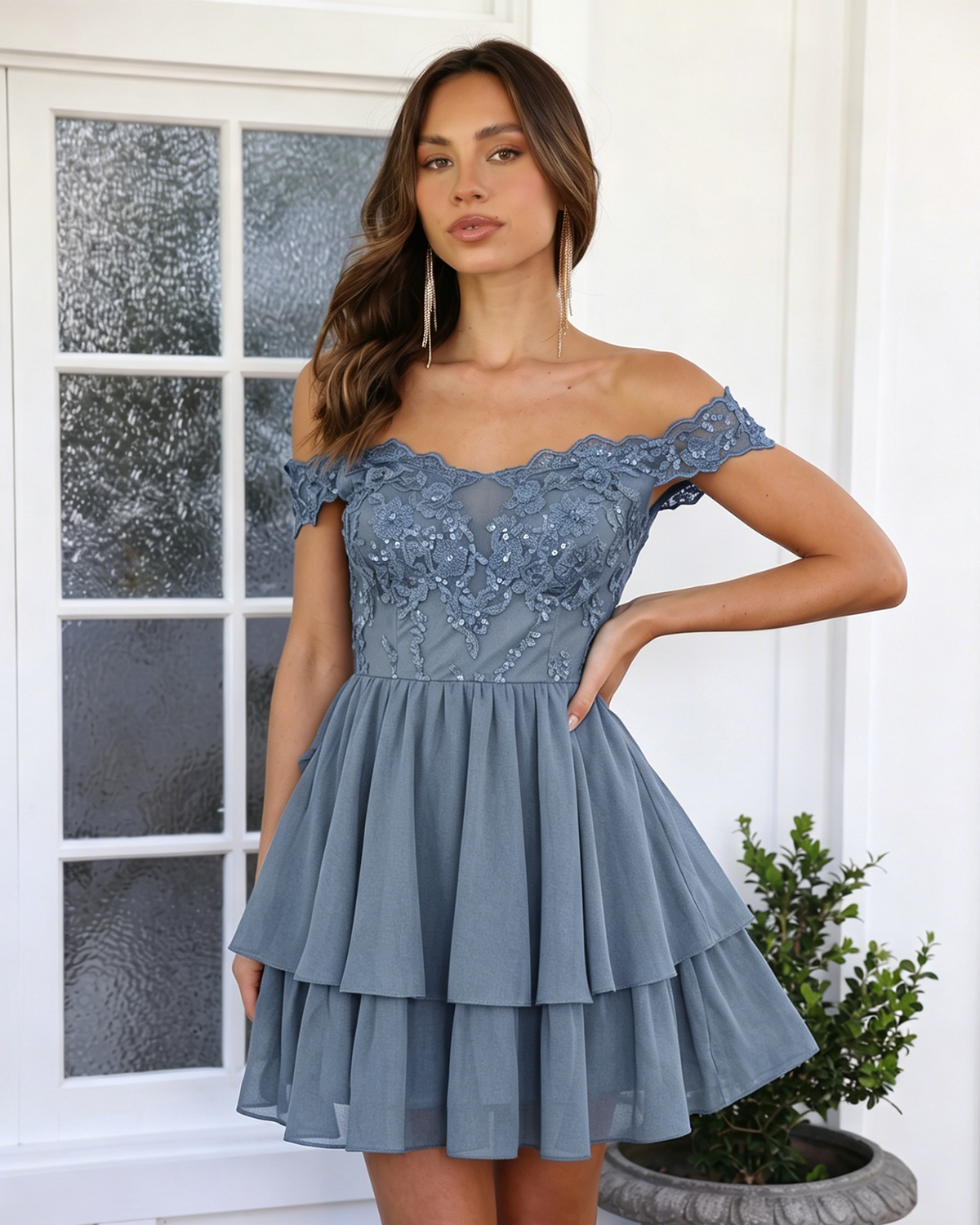 Off Shoulder Lace A-Line Homecoming Dress with Tiered Dress