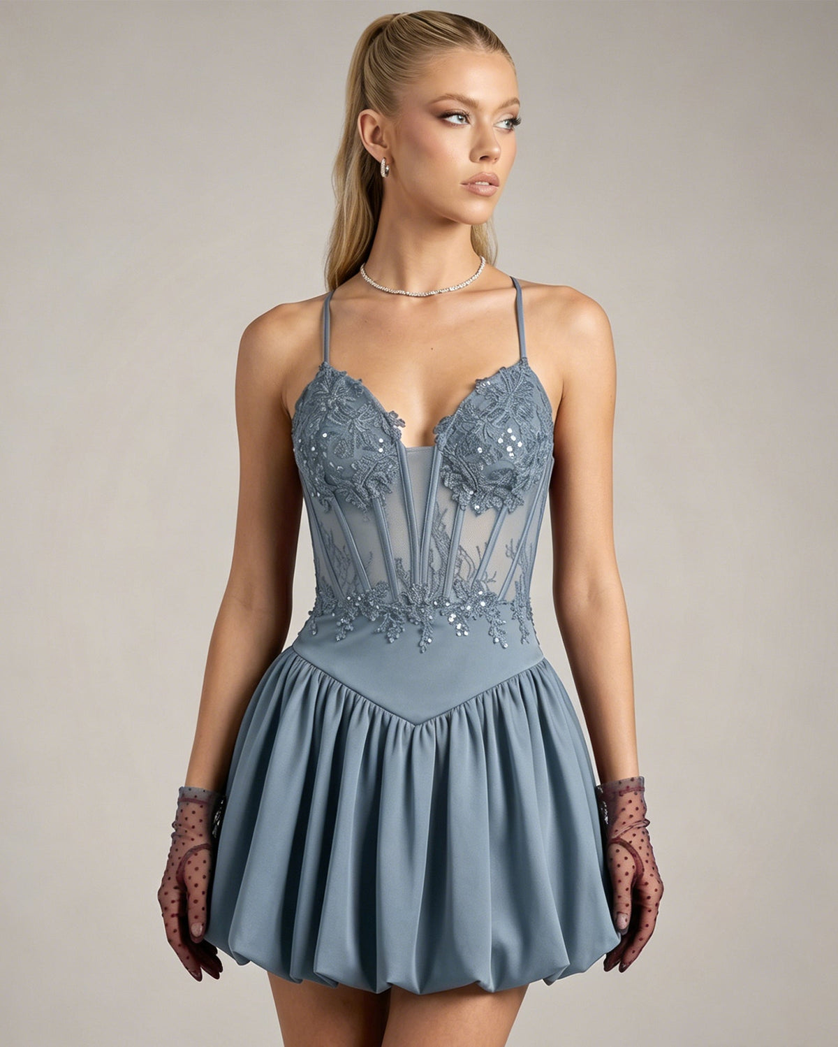 Spaghetti Strap Lace Corset Homecoming Dress with Flared Dress