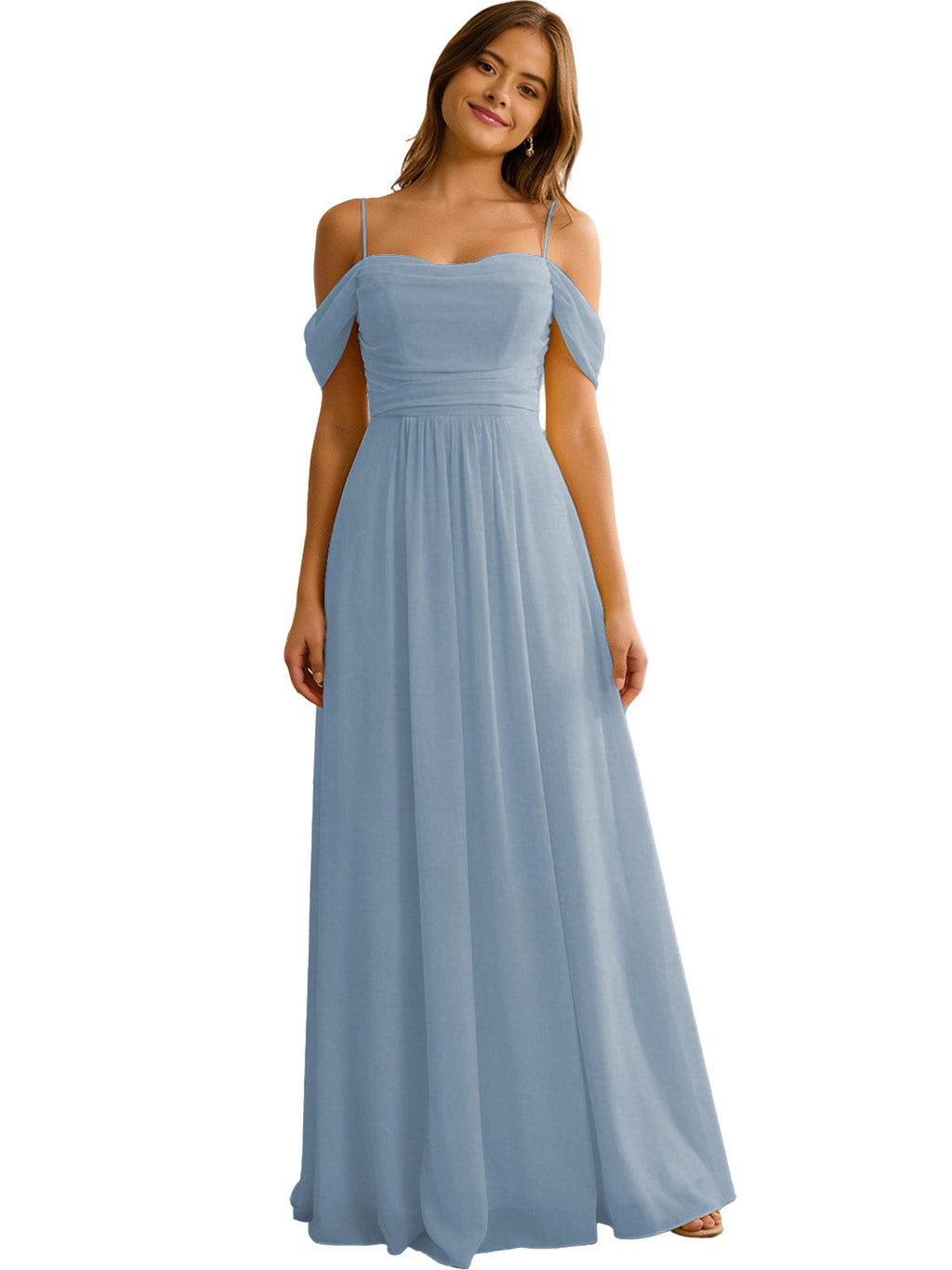 Off Shoulder Chiffon Bridesmaid Dress with Soft Pleated Bodice