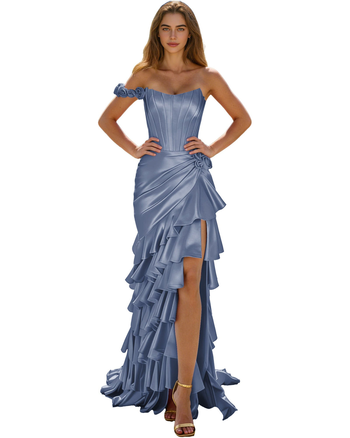 Off Shoulder Ruffle High Low Prom Dress with Tiered dress and Corset Waist