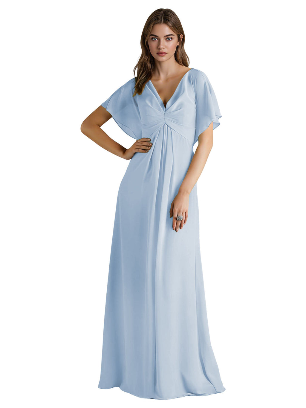 Short Sleeve V-Neck Chiffon Bridesmaid Dress with Gathered Waist