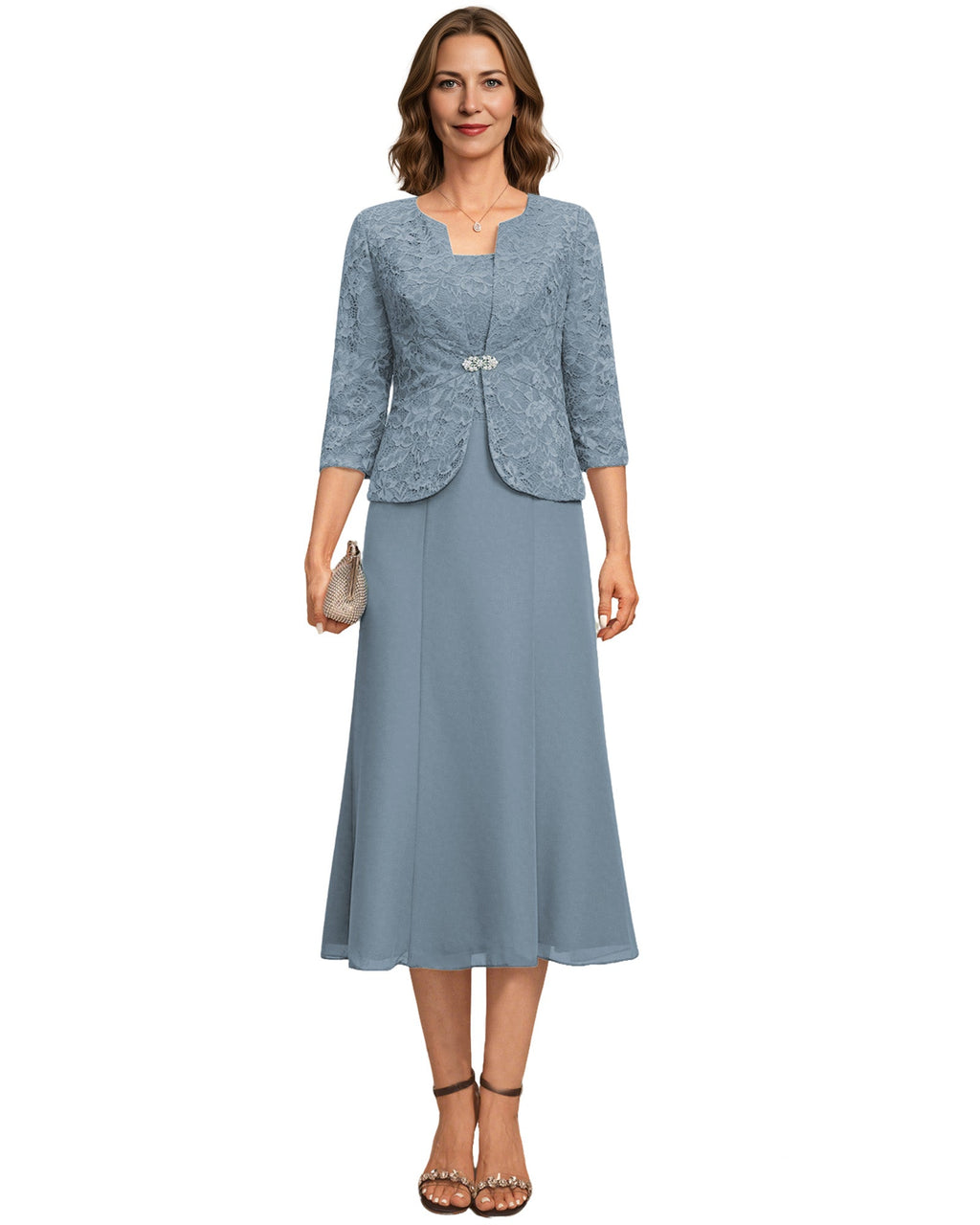 Tea Length Mother of the Bride Dress Lace Jacket Chiffon A-Line Wedding Guest Outfit