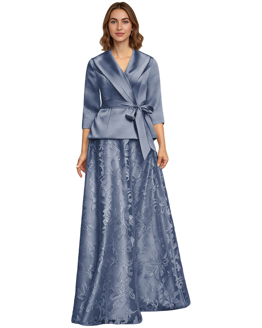 Two Piece Mother of the Bride Dress Satin Wrap Top Embroidered Long Skirt Formal Set